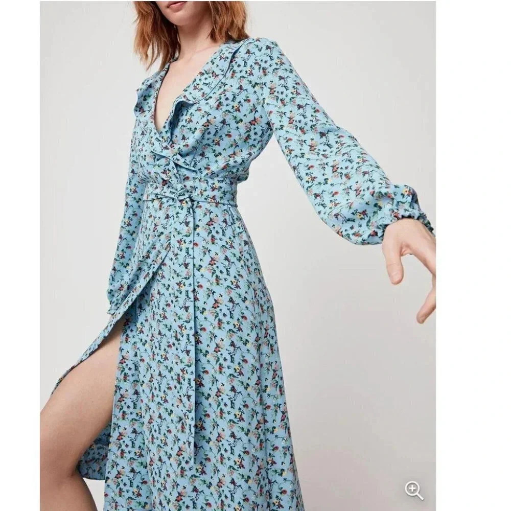 Aritzia Little Moon Elm Blue Floral Wrap Midi Dress Cottagecore Prairie Ruffles